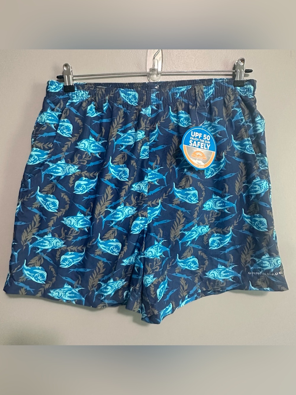 Columbia PFG Omni-Shade Fish Print Swim Trunks Shorts Men's Large Blue UPF 50